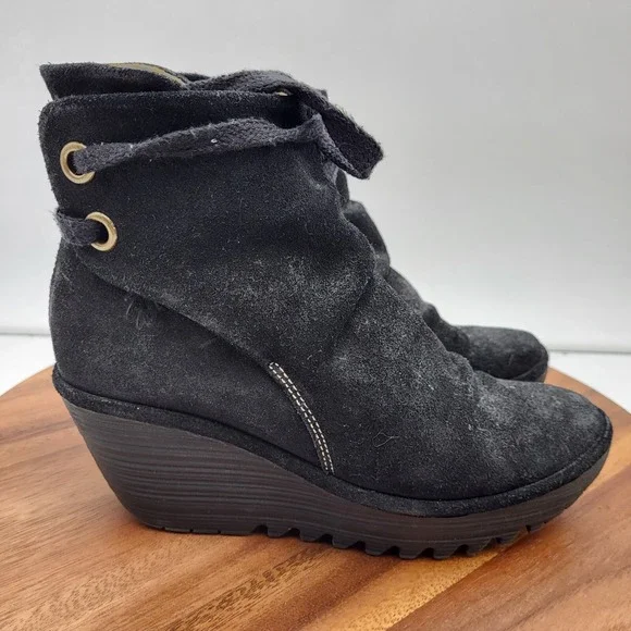 Fly London Ankle Boot Womens 7.5 / 8 Yama Black Suede Wedge Lace-up Back Booties - Picture 2 of 16